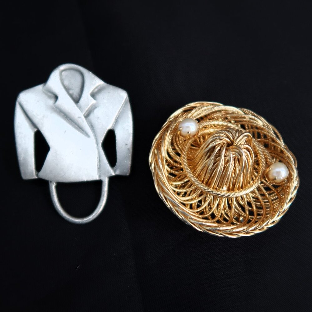 Novelty Silver Raincoat and Gold Wire Hat Faux Pearl Pins Cute Quirky Set